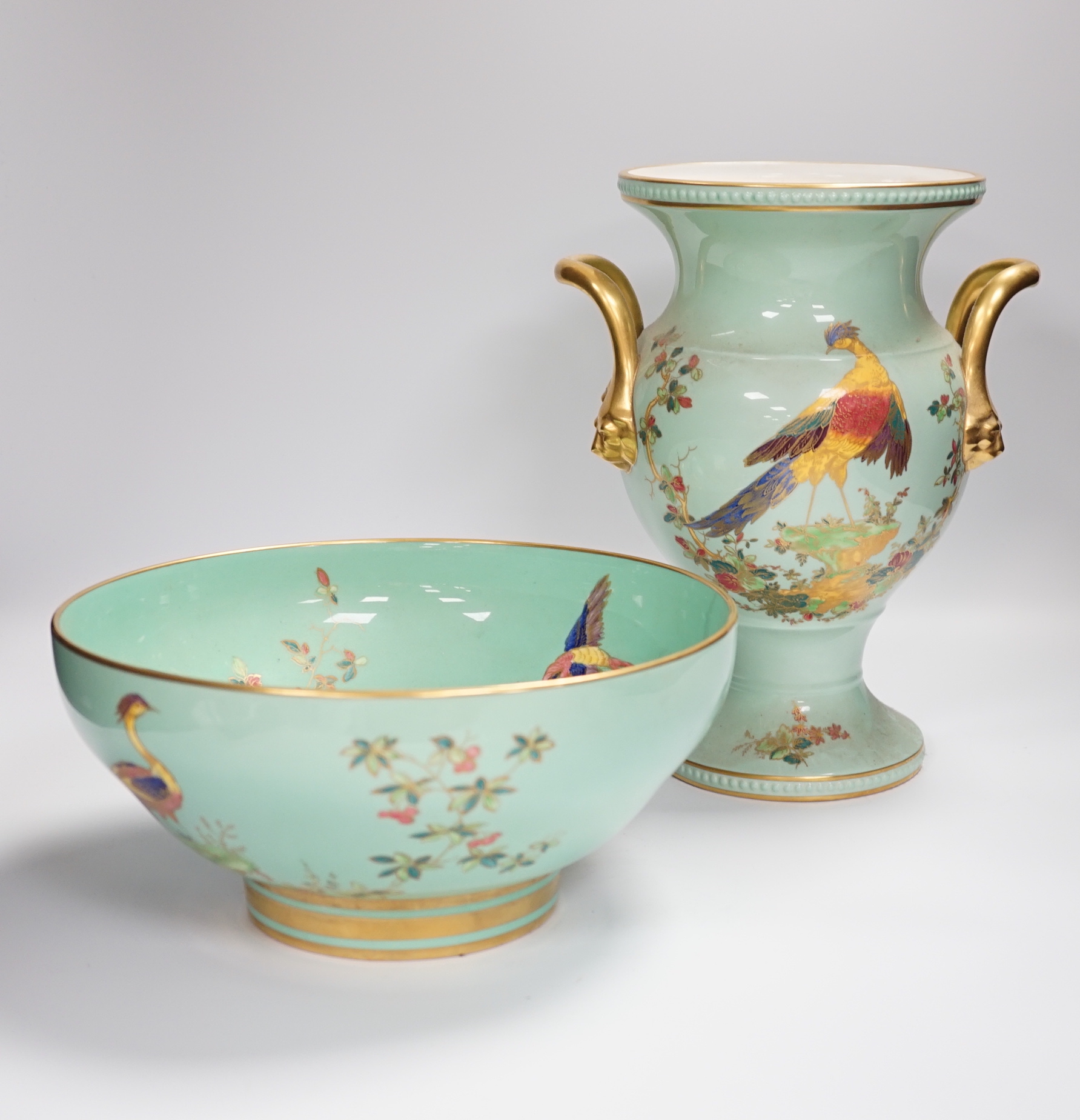 A Spode ‘pheasant’ pottery vase and a similar bowl, 28cm high